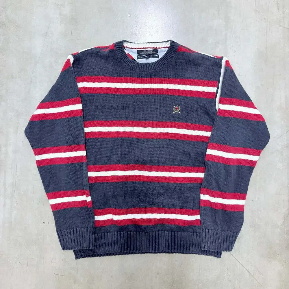 Vintage Tommy Hilfiger Striped Crew Neck Cotton Sweater with Crest Logo